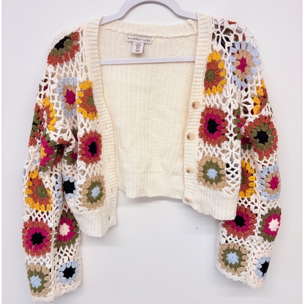 Sincerely Jules Boho Crochet Granny Square Cardigan Women XS Cream Floral 70s
